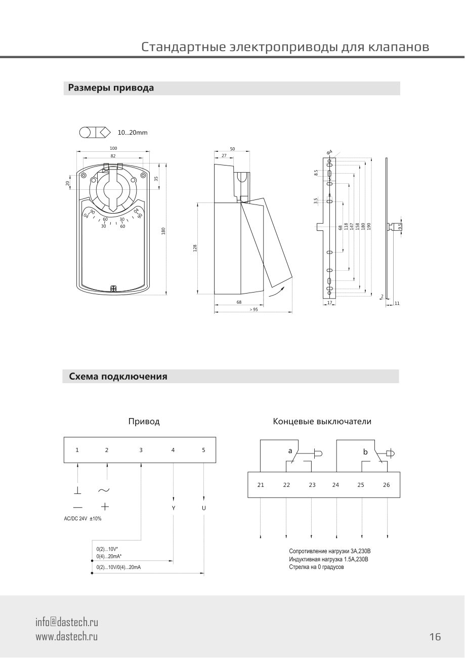 Размеры и схема подключения электропривода Dastech DA-08N24-SR